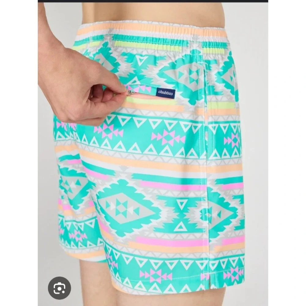 Chubbies Mens Swim Trunks Teal Pastel Neon Tribal Aztec Retro Print Sz S‎